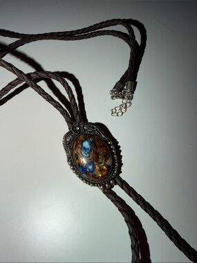 Brown Braided Leather Bolo Tie with Multicolor Stone Accent